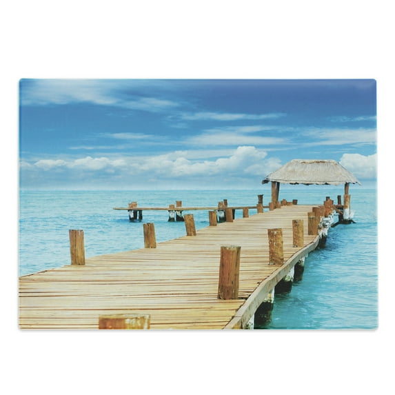 Pier Cutting Board, Tropical Seascpae with Wooden Jetty and Fascinating Ocean Sky Photo, Decorative Tempered Glass Cutting and Serving Board, in 3 Sizes, by Ambesonne