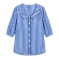 thumbnail image 4 of Vivianyo HD Women's Striped Peter Pan Collar Blouse, Puff 3/4 Sleeve Button Top for Women, Women's Blue, Sizes S-2XL, 4 of 8