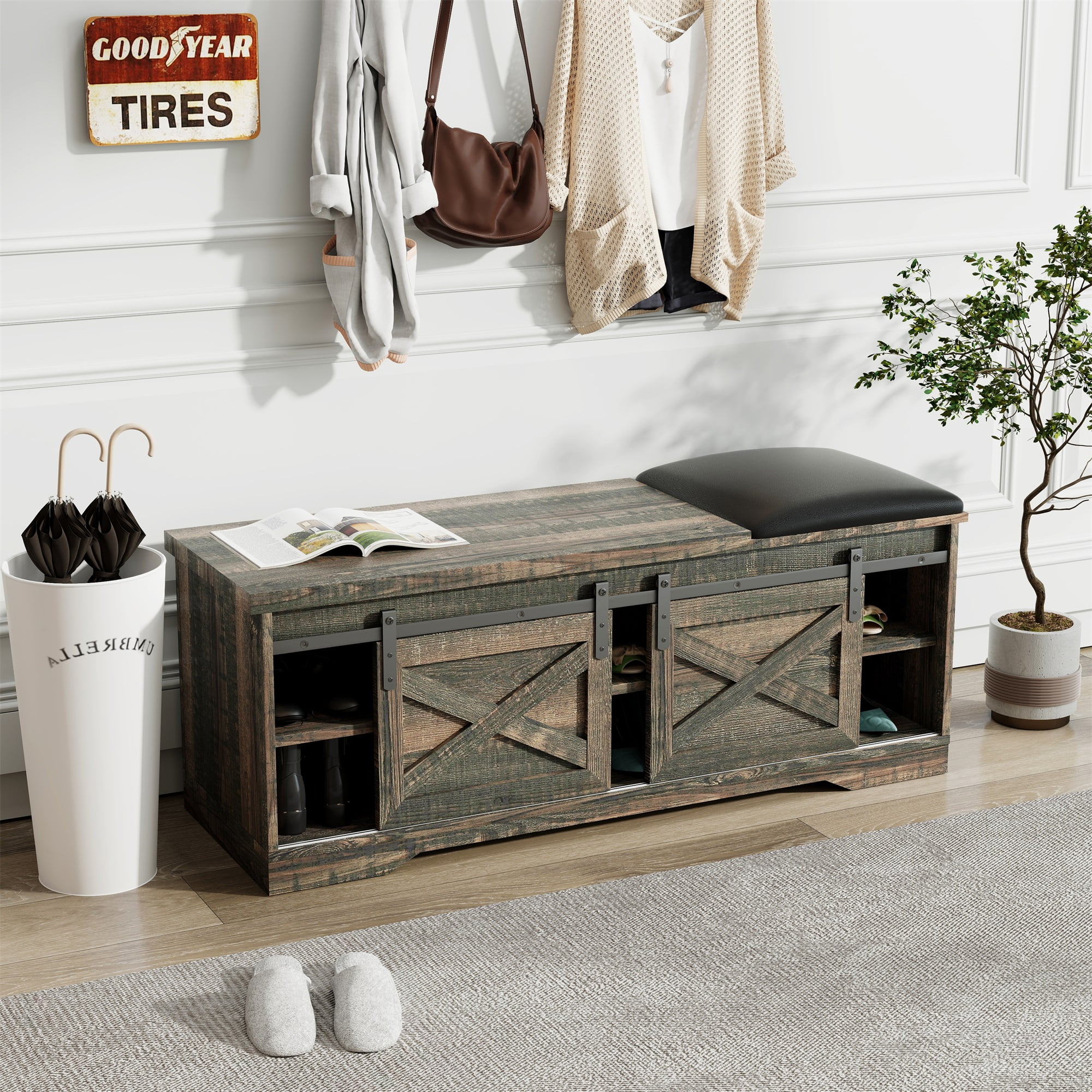 Kepooman Modern Farmhouse Sliding X Barn Door Litterbox Bench with Entry Cutout for Living Room, Old Pine Shoe Bench Kepooman Modern Farmhouse Sliding X Barn Door Litterbox Bench with Entry Cutout for Living Room, Old Pine Shoe Bench