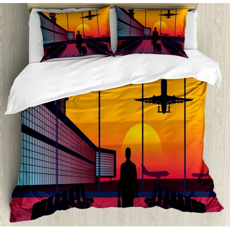 Airport Duvet Cover Set, Digital Art Passenger with Luggage in Waiting Lounge Plane Take Off at Sunset, Decorative Bedding Set with Pillow Shams, Multicolor, by (Best Airport Lounge App)