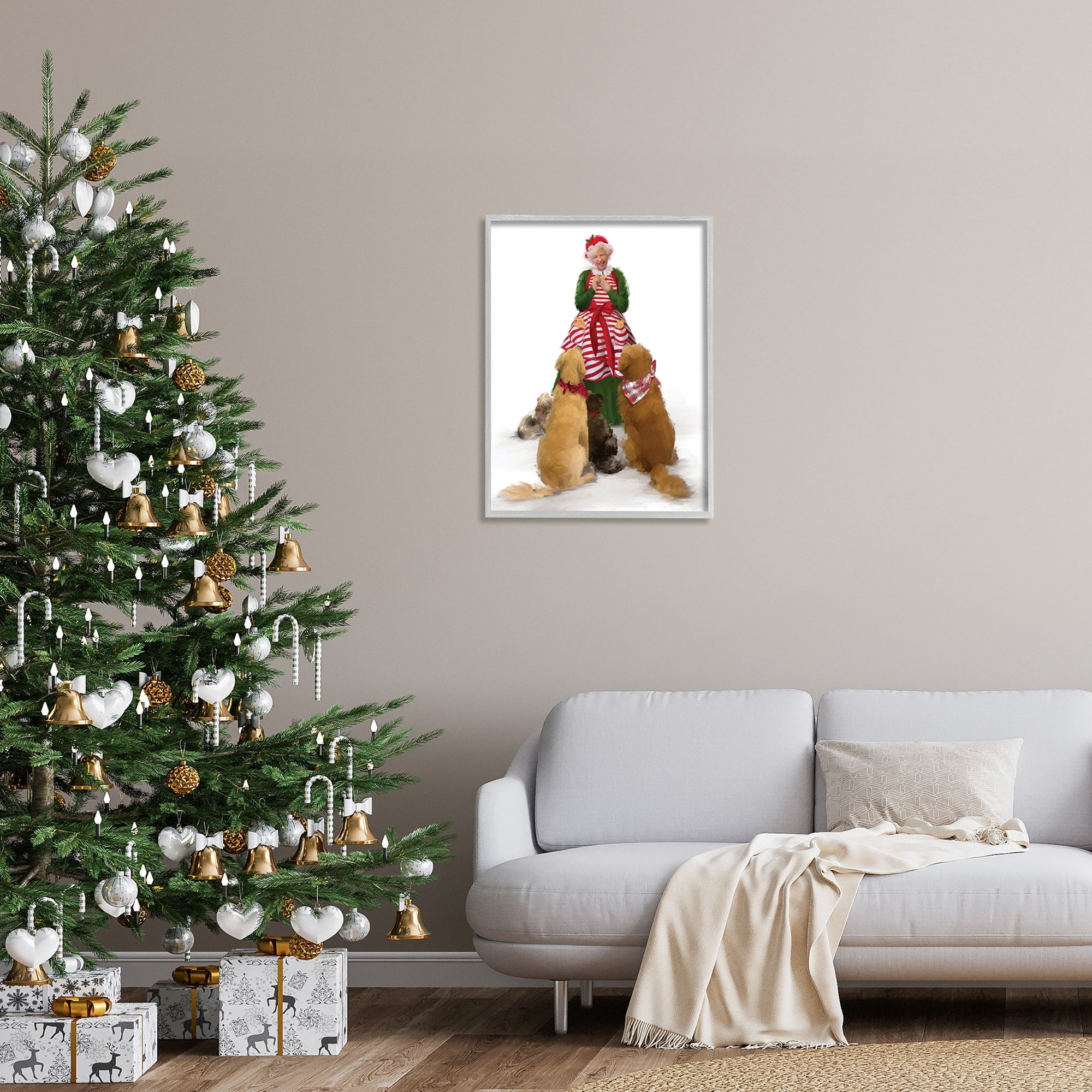 Joyful Mrs. Claus & Dogs Holiday Christmas Illustration Animals & Insects Painting Framed Art Print Wall Art
