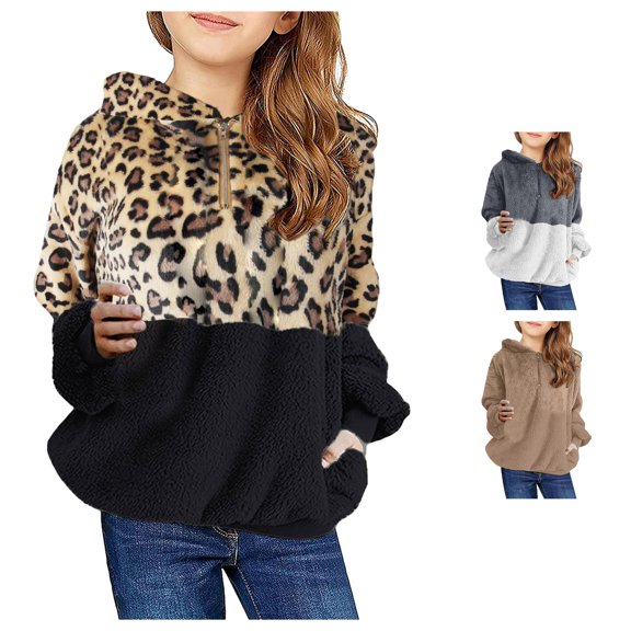 Krdevn Girls Sherpa Hoodie Leopard Color Block Half Zip Sweatshirt with Side Pockets Warm Fuzzy Long Sleeve Casual Outerwear for Kids,6-7 Years