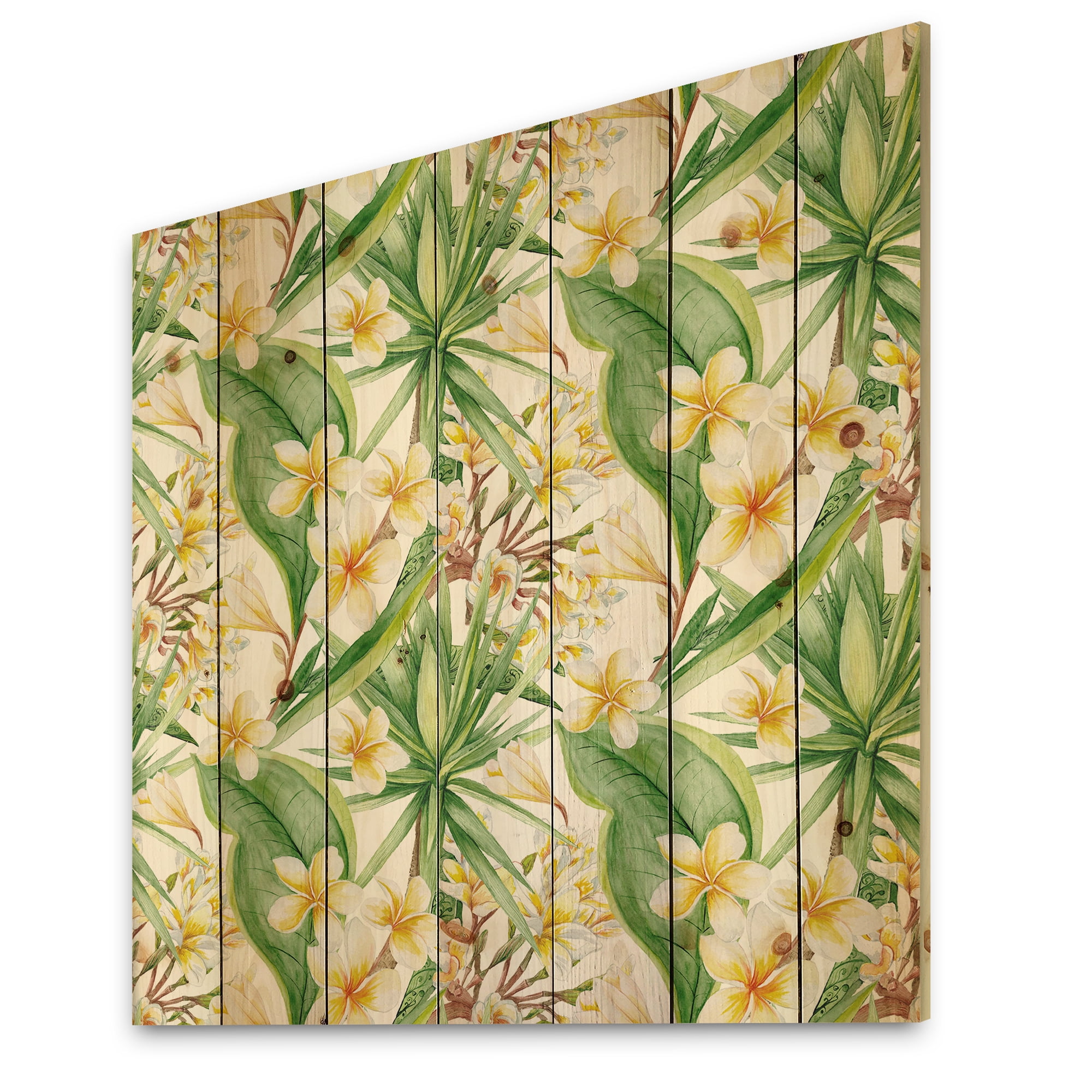 Designart 'Yellow Flowers and Tropical Foliage IX' Modern Print on Natural Pine Wood