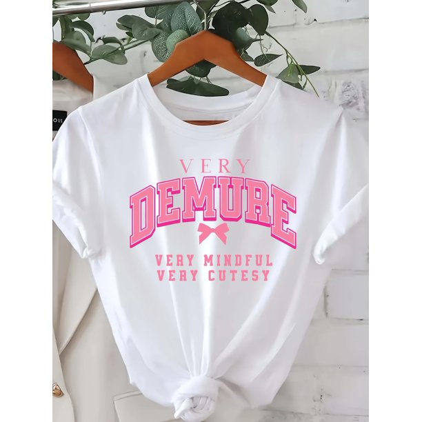 Alphabet Pattern Crew Neck Short Sleeve T-Shirt - Polyester Knit Fabric, Regular Length, 95% Polyester 5% Elastane, Women's Casual, All-Season Top, Black & White Options