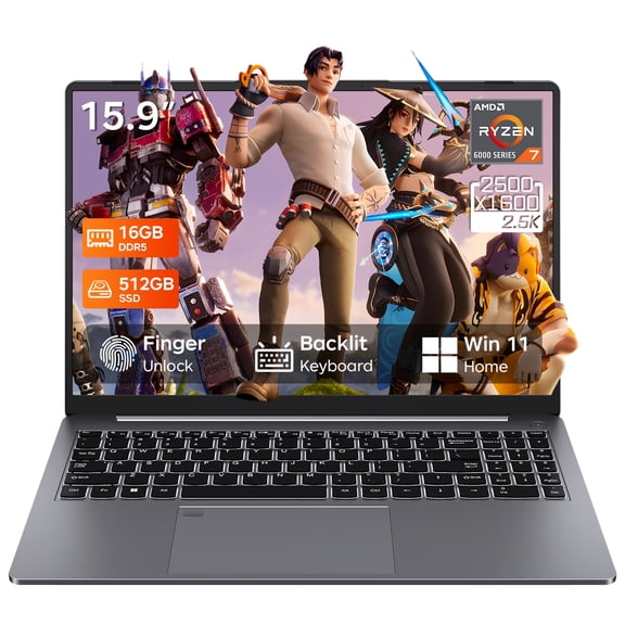 RNRUO 15.9" Gaming Laptop, 16GB DDR5 RAM 512GB SSD, AMD Ryzen 7 6800H, 8 Cores up to 4.7GHz, 2560x1600 Display Fingerprint Backlit KB, WiFi6 BT5.3, Windows 11 Computer for Gaming, Business, Study