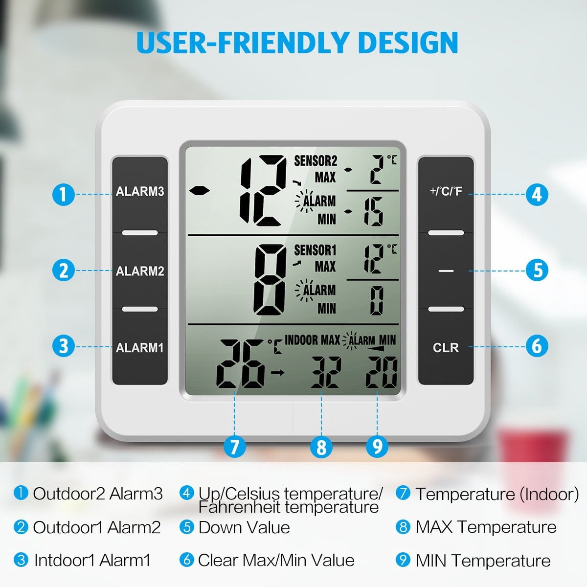 Refrigerator Thermometer, Wireless Indoor Outdoor Freezer Thermometer, Sensor Temperature Monitor with Audible Alarm Temperature Gauge for Kitchen, Freezer, Home,Mothers Day Gifts
