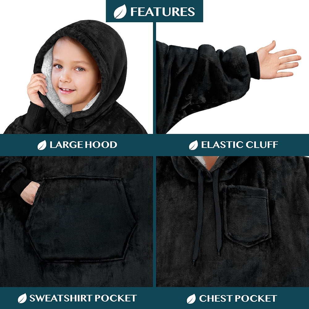 PAVILIA Wearable Blanket Sweatshirt for Kids Boy Girl Black, Warm Cozy Giant Blanket Hoodie, Fleece Sherpa Oversized Blanket Sweatshirt with Sleeves, Big Pocket, Christmas Gift