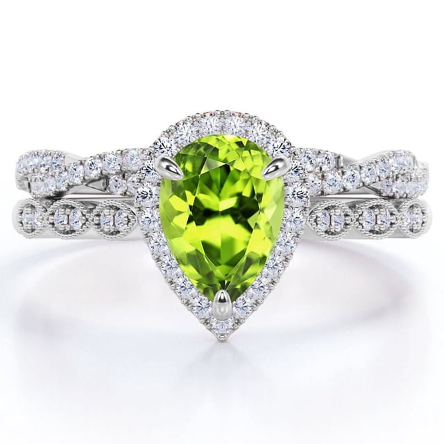 JeenMata Anillo de Compromiso Vintage de 1,5 Quilates con Piedra Natal de Agosto en Talla Pera y Moissanita: Conjunto Nupcial con Halo Pavé en Oro Blanco de 18 K sobre Plata