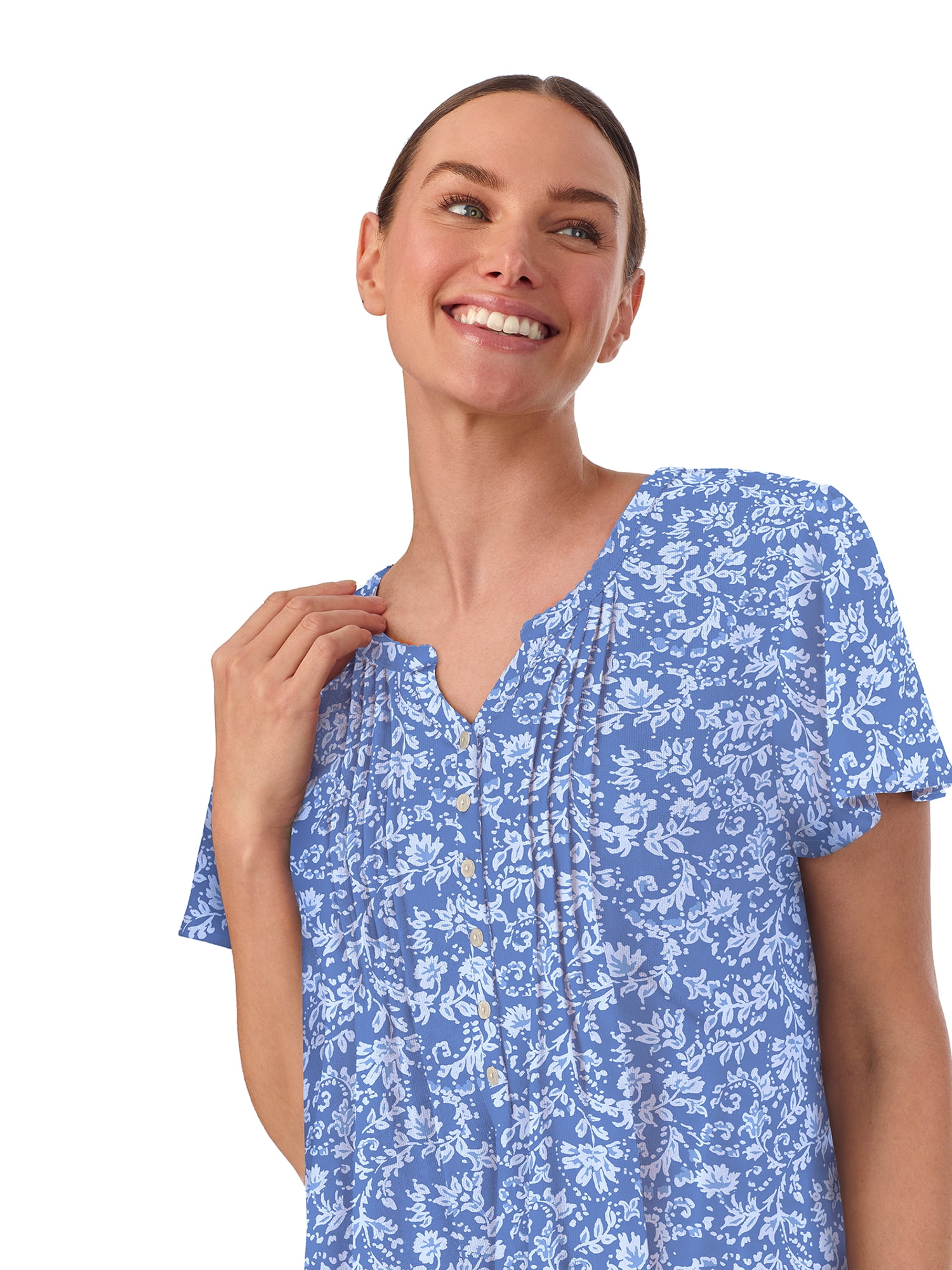 Aria Women’s Short Sleeve Split Neck Sweater Knit Nightgown, Sizes XS-5X