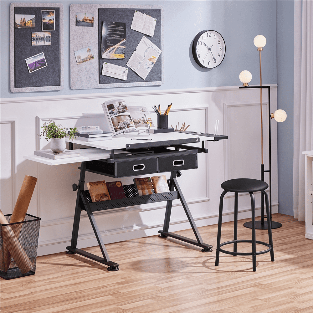 Renwick Drafting Table and Stool Set with Adjustable Table Angles & Heights, White