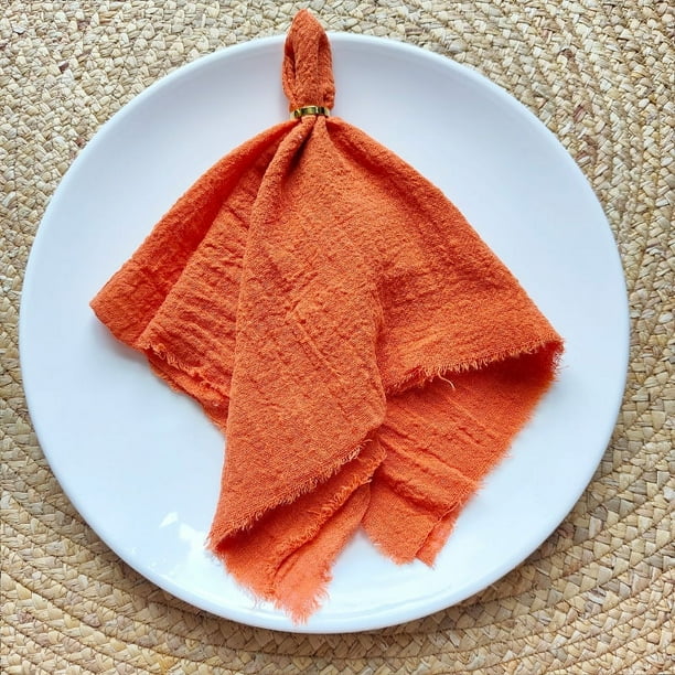 Nvzi Servilletas de tela de 16,53 x 16,53 pulgadas, juego de 4, servilletas de gasa de lino con flecos, servilletas suaves con flecos reutilizables para cenas, fiestas, Navidad, bodas (naranja)