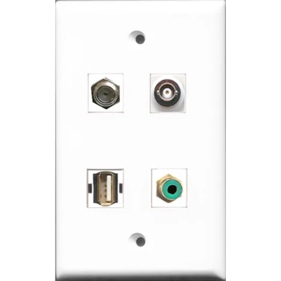 RiteAV 1 Port RCA Green and 1 Port Coax Cable TV- F-Type and 1 Port Shielded Cat6 Ethernet and 1 Port BNC Wall Plate