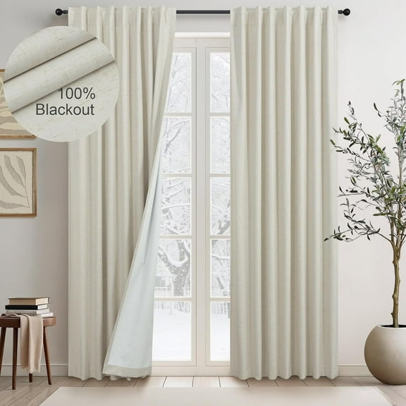 78 Inch Long Linen Blackout Curtains 2 Panels Set for 76-80 Inch Window Drapes Back Tab Rod Pocket Pleated Room Darkening Curtains for Sliding Glass Door Thermal 52x78 in Length Beige