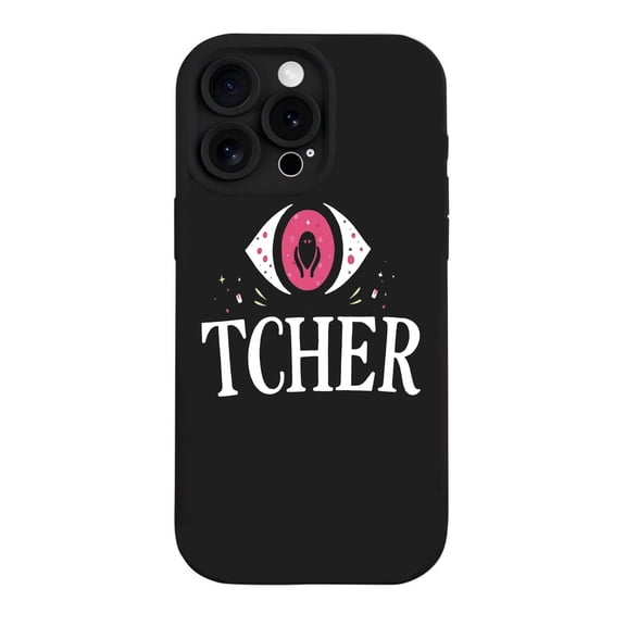 Stylish Black iPhone 15 Pro Case with Pink Eye Design - Lightweight Yellowing Resistant Bold ' TCHER ' Text Perfect Fit for iPhone 15 Pro