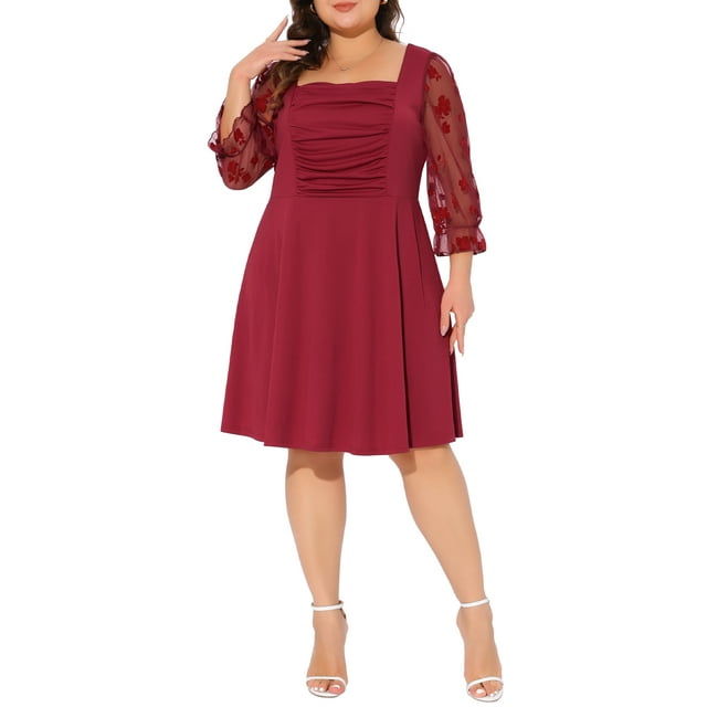 Vestido midi A-line de mujer plus size con cuello cuadrado, mangas de malla 3/4, plisado y fluido, talla 2X, color rojo rosa
