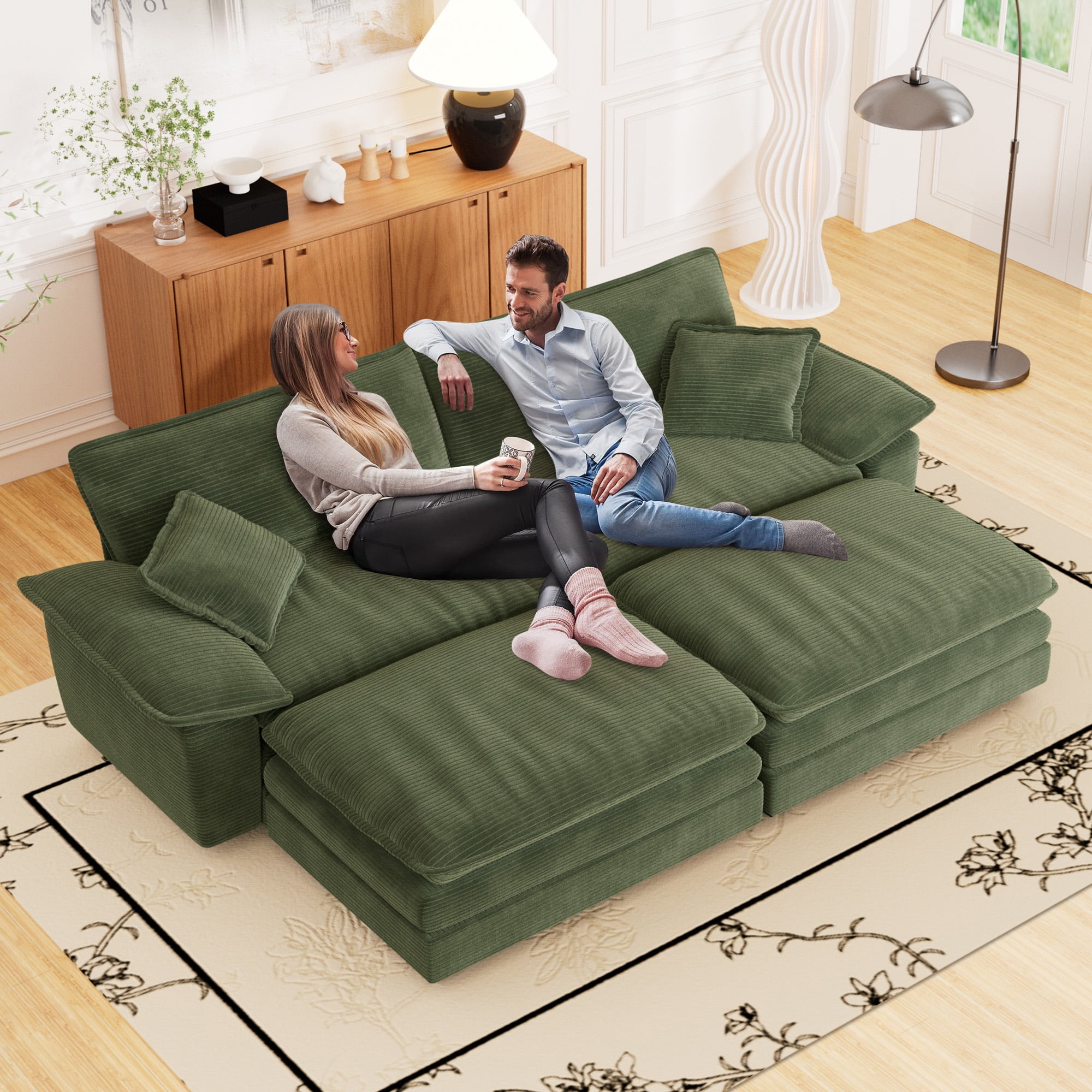 Muumblus Comfy Modular Sectional Sofa with 2 Ottoman, Deep Seat 80.5" Modern Oversized Corduroy Cloud Couch, Fluffy Deep Seat Chaise Lounge Sleeper Sofa for Living Room Apartment, Green