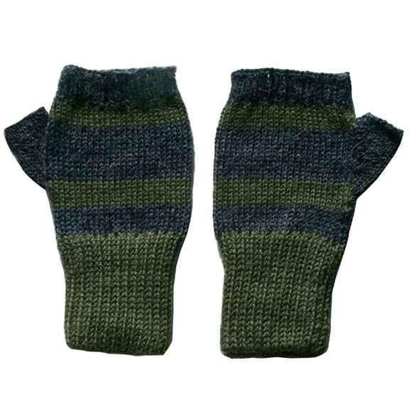Trendy 100% Alpaca Fingerless Mittens - Forest Green / Flecked Dk Blue (XS)