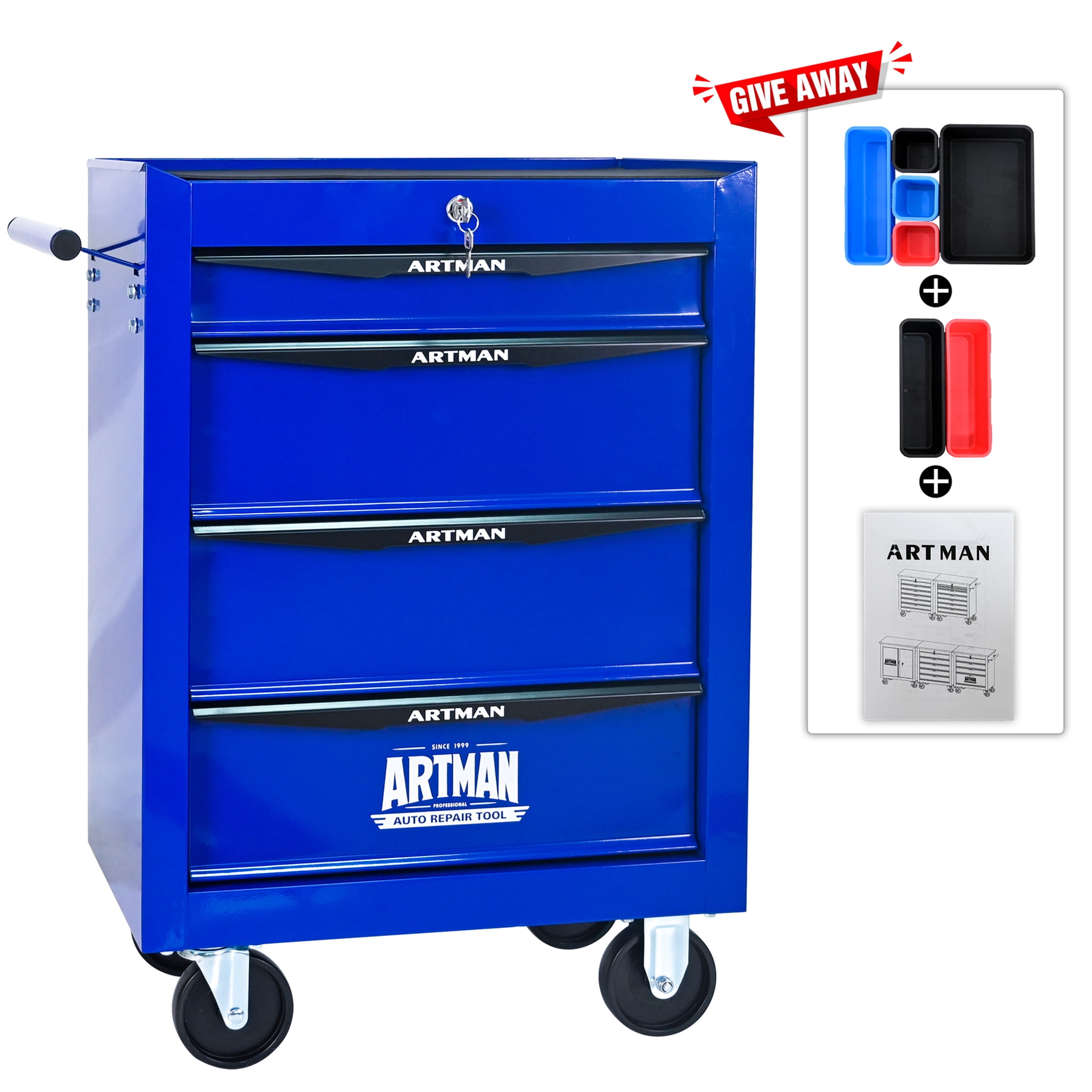 Noble House 4-Drawer Mobile Steel Tool Organizer with Key Lock, Ball Bearing Slide Storage Cabinet Box, Blue