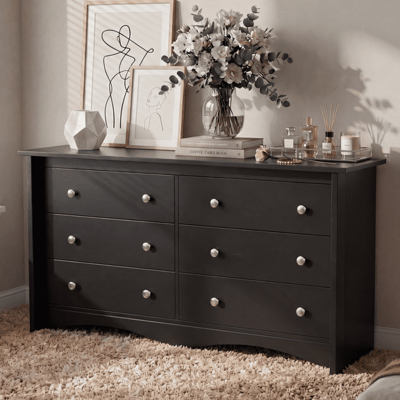 Homall 6 Drawer Dresser for Bedroom, 47'' Wide Wood Double Chest of Drawers with Metal Handles, Storage Cabinet Organizer for Living Room, Black