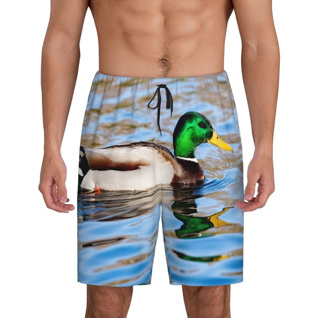 Vsdgher Shorts de Pyjama pour Hommes Imprimé Canard Colvert Nageant dans une Rivière Bas de Pyjama Légers avec Poches - Grand