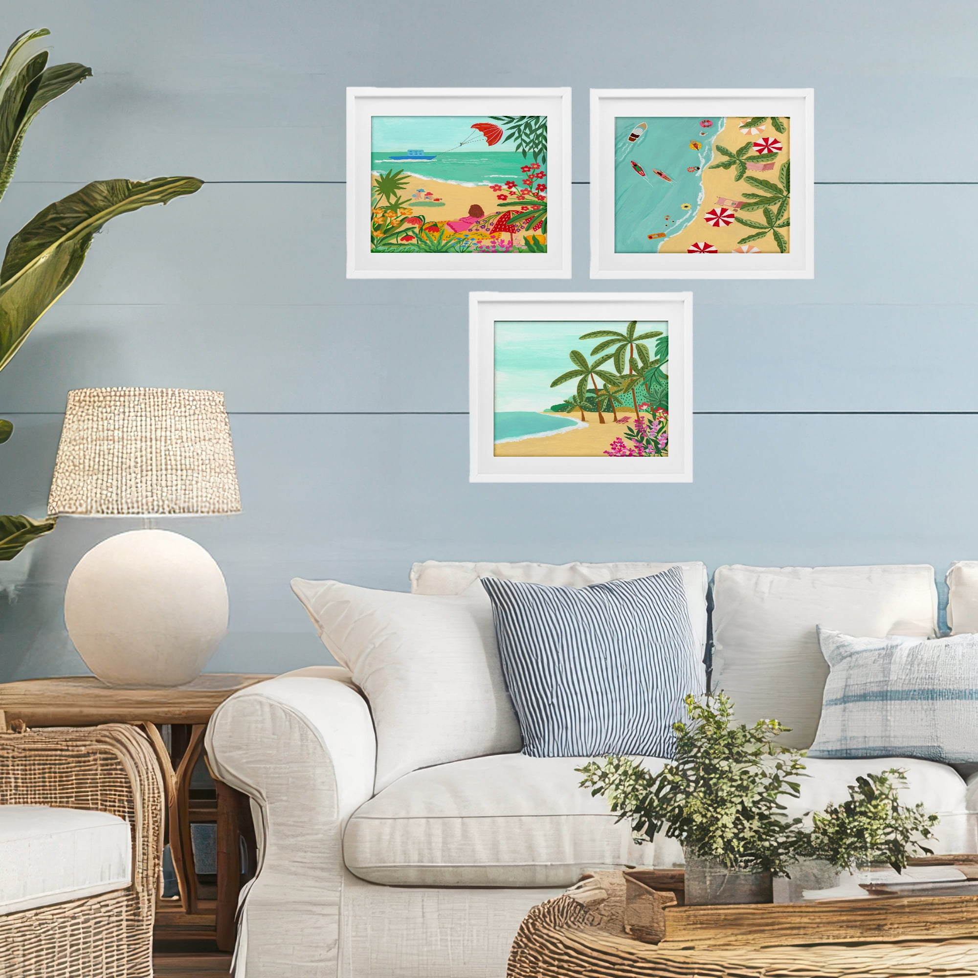 Busy Beach And Flowers 3 Piece White Framed Print Under Glass Set, design by Nabeela Rumi