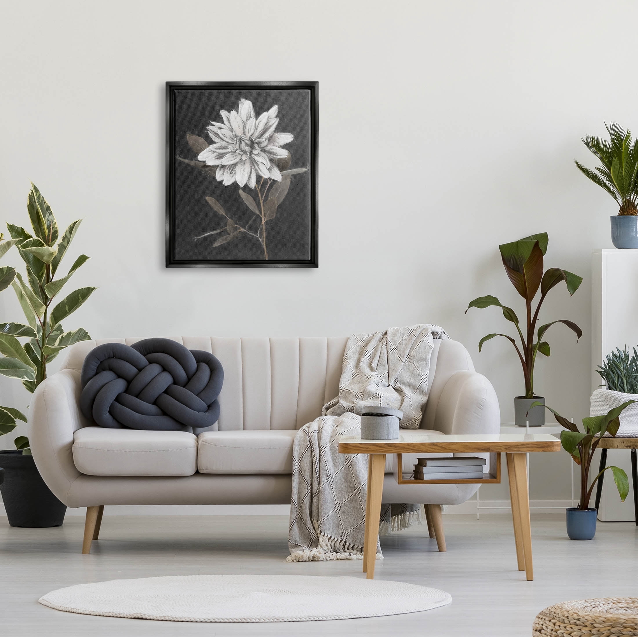Stupell Industries Modern White Dahlia Blossom Sprout Painting Jet Black Floating Framed Canvas Print Wall Art, Design by Nina Blue