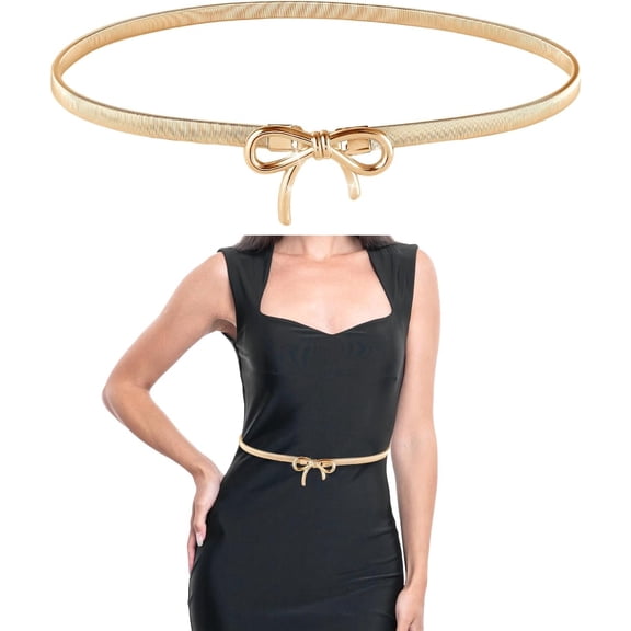 Metal Belts for Women, Elastic Skinny Belt Adjustable Stretchy Fashion Waistband With Bow-Knot for Dresses Jeans