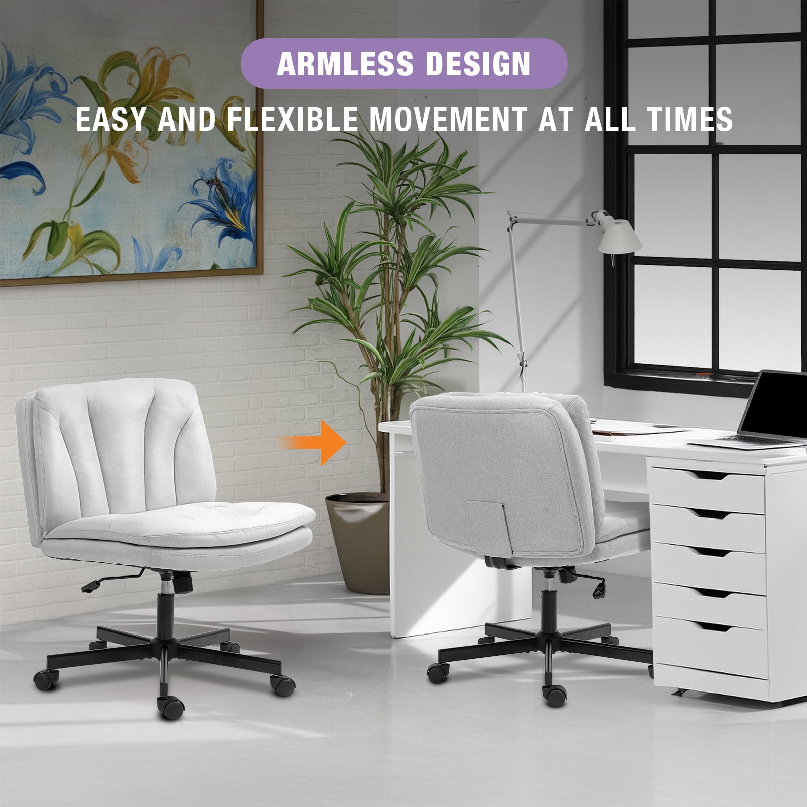 Criss Cross Legged Chair Ergonomic Home Office Desk Chair with Casters, Armless Wide Comfy Computer Task Seat Swivel Rolling Vanity Chair with Height Adjustable and Rocking Function, Beige