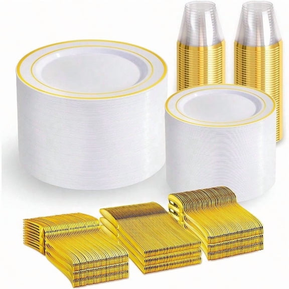 Gold Disposable Dinnerware Set for 100 Guests - 600PC  Plastic Plates Cutlery Kit with 100 Dinner Plates Salad Plates Forks Knives Spoons Cups for Party Catering Heavy-Duty