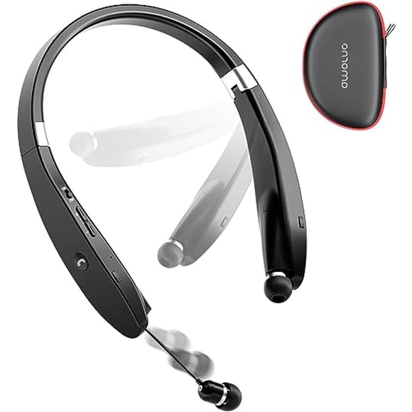 AMORNO Auriculares Bluetooth plegables inalámbricos con banda para el cuello con auriculares retráctiles, auriculares estéreo deportivos a prueba de sudor con cancelación de ruido con micrófono