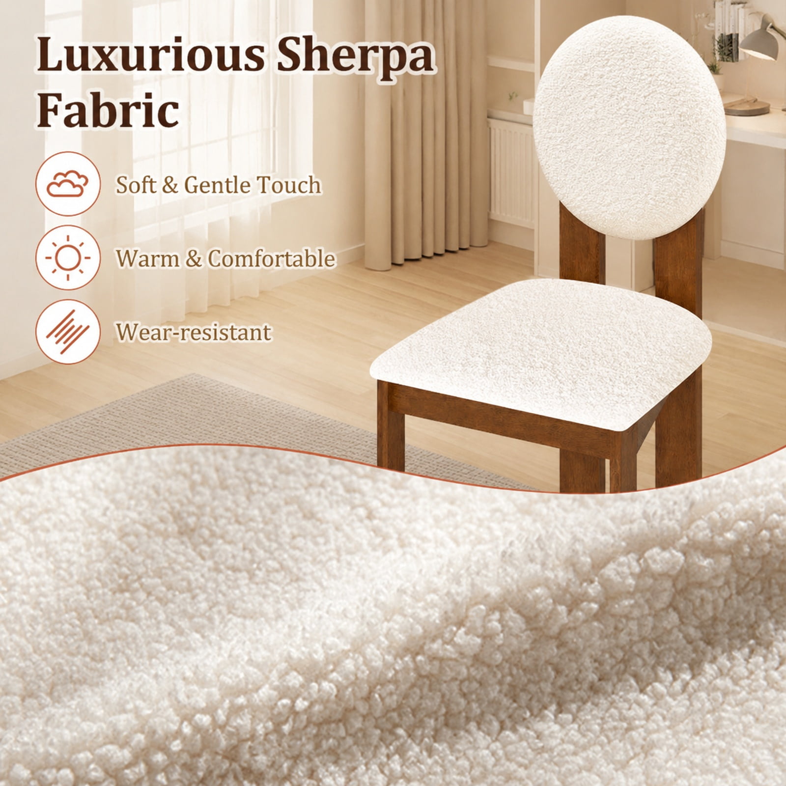 Furnibear Sherpa Upholstered Dining Chairs Set of 2 with Rubber Wood Legs for Kitchen Living Room and Restaurant Seating, White