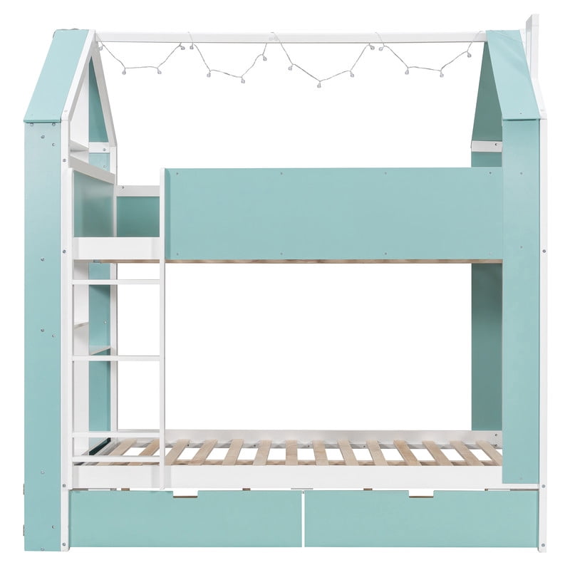 Full-Over-Full Two-Tone Accent Bunk Bed Frame with Cabinet, Drawers & Shelves, Modern Storage Kids Bed with LED Light Strip