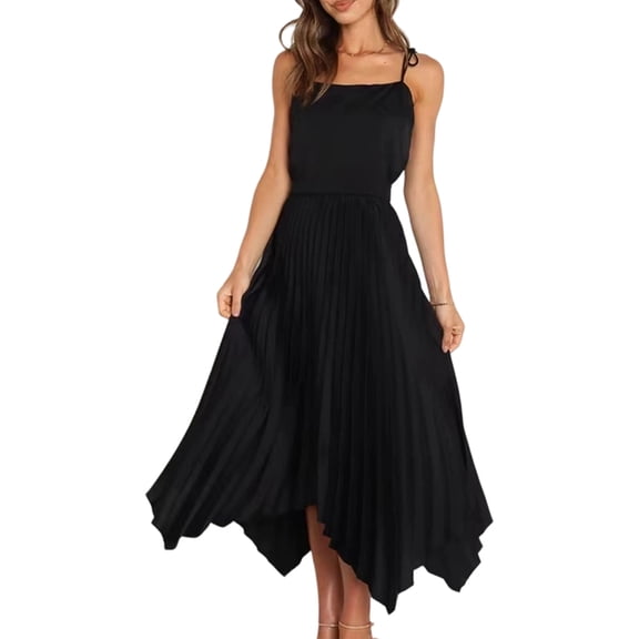 Women's Elastic Waist Pleated Skirts High Waisted Flowy Asymmetrical Low Midi Skirt for Summer Black S