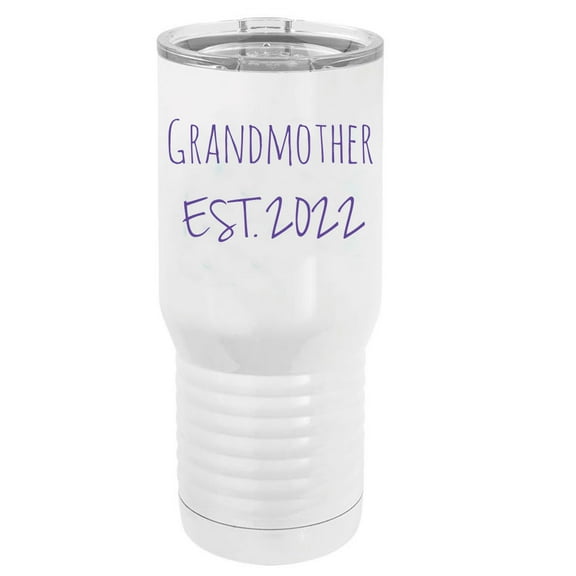 Grandmother Est. 2022 Established Stainless Steel Vacuum Double-Walled Insulated 20 Oz Tumbler Travel Coffee Mug with Clear Lid, White