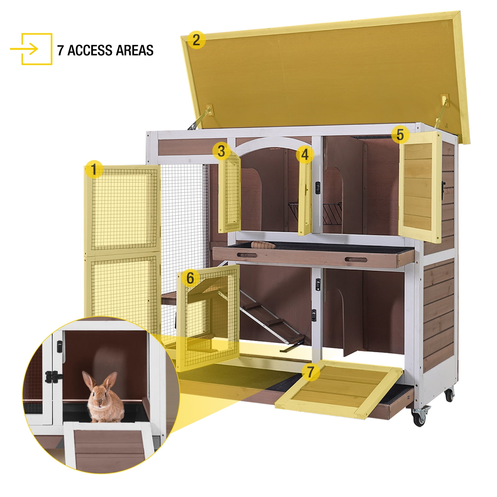Aivituvin Rabbit Hutch Indoor Bunny House Guinea Pig Cage with Sliding Plastic Trays, Wheels & Ramp, 47.2" Multi-Door Wooden Small Animal Cage for Rabbits Bunnies, and Guinea Pigs, Brown
