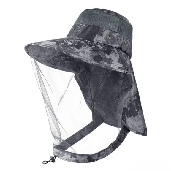 Mosquito Heat Net Sun Hat with Neck Flap, UPF 50 UV Protection Safari Cap Wide Brim Fishing Hiking Hat for Men Women, Camouflage Gray