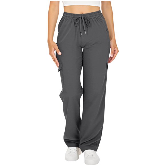 Lenpel Cargo Pants for Women Loose Elastic High Waisted Drawstring Straight Leg Twill Hiking Pants Travel Casual Trousers(Dark Gray,Small)