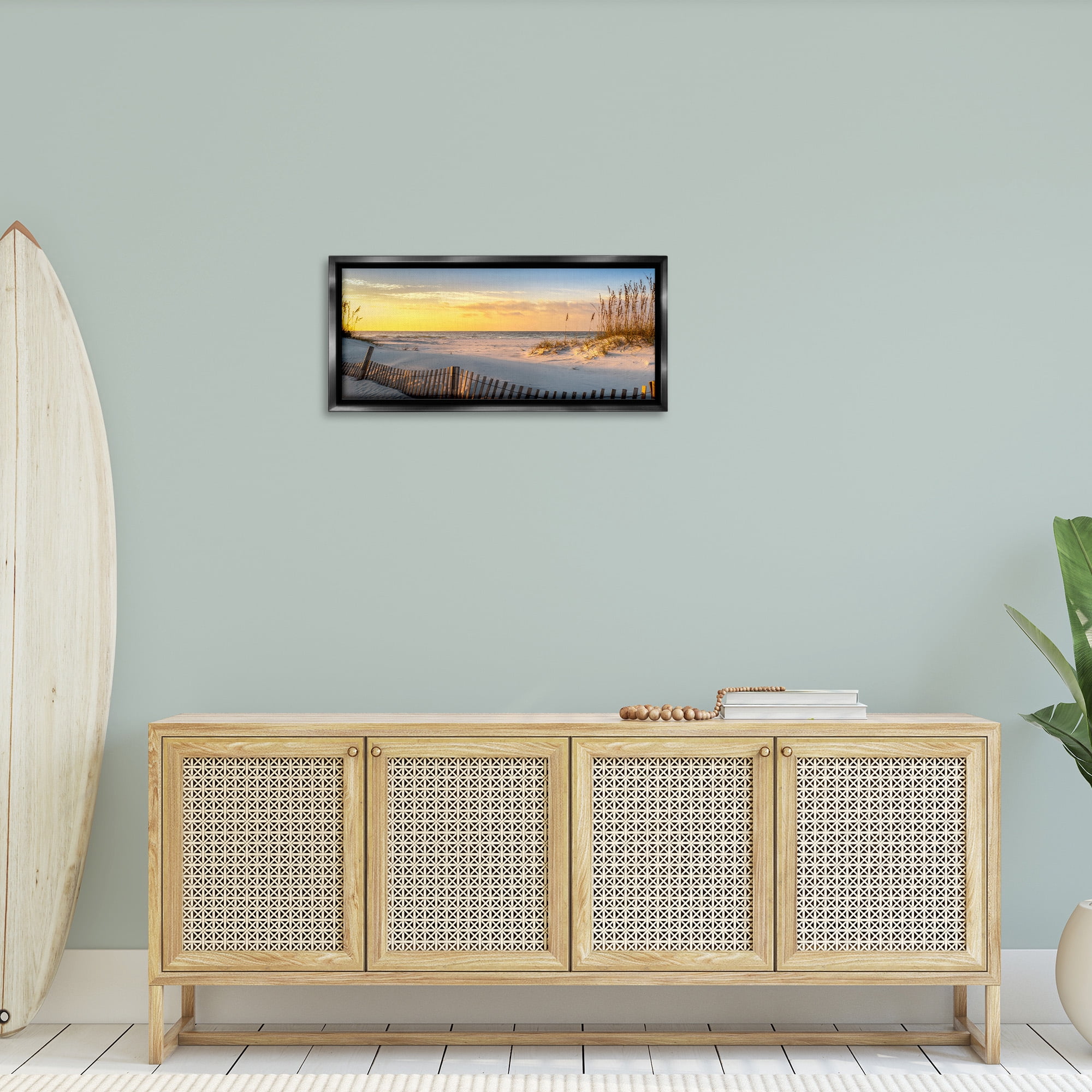 Stupell Industries Panoramic Coastal Beach Sunrise Nature Photography Black Floater Framed Canvas Art Print Wall Art, 31 x 14