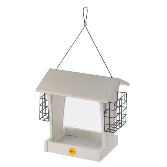 Birds Choice 11" Recycled Plastic Hanging Hopper 2-Sided Bird Feeder with Two Suet Cages, Sea Salt