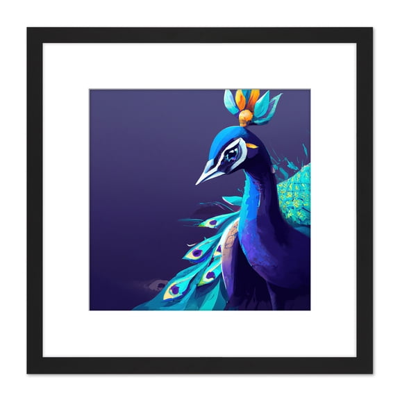 Peacock Peafowl Navy Blue Bird Nature Modern Contemporary Watercolour Painting Square Wooden Framed Wall Art Print Picture 8X8 Inch