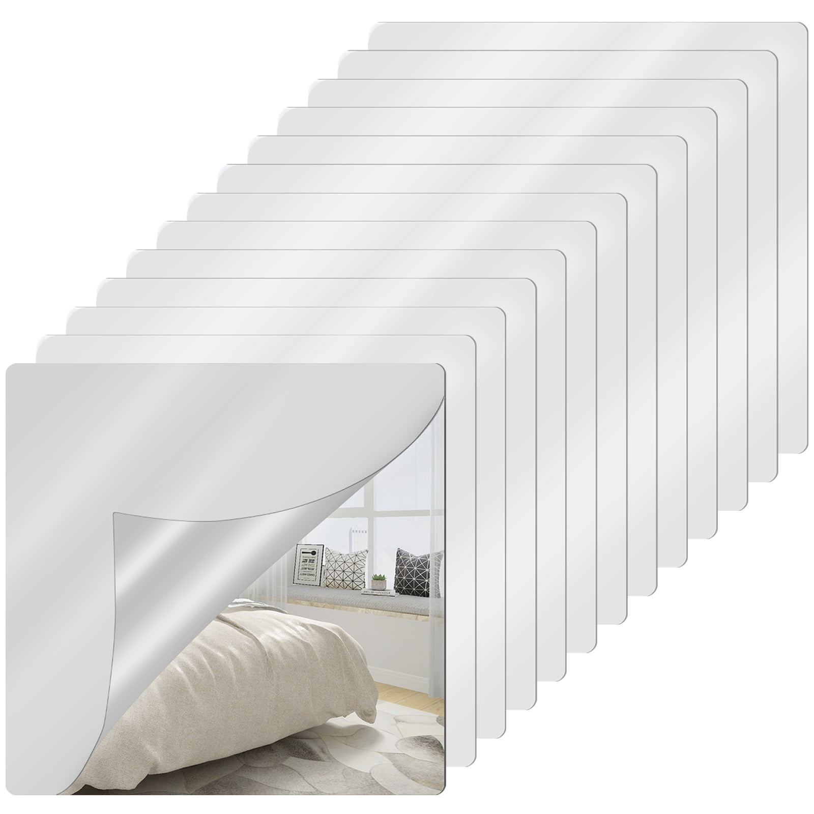 Pcapzz 12Pcs Acrylic Mirrors Self Adhesive Mirror Tiles 2mm Thick Flexible Unbreakable Mirror Stickers Reflective Square Mirror Wall Stickers for Bedroom Living Room Bathroom Decor