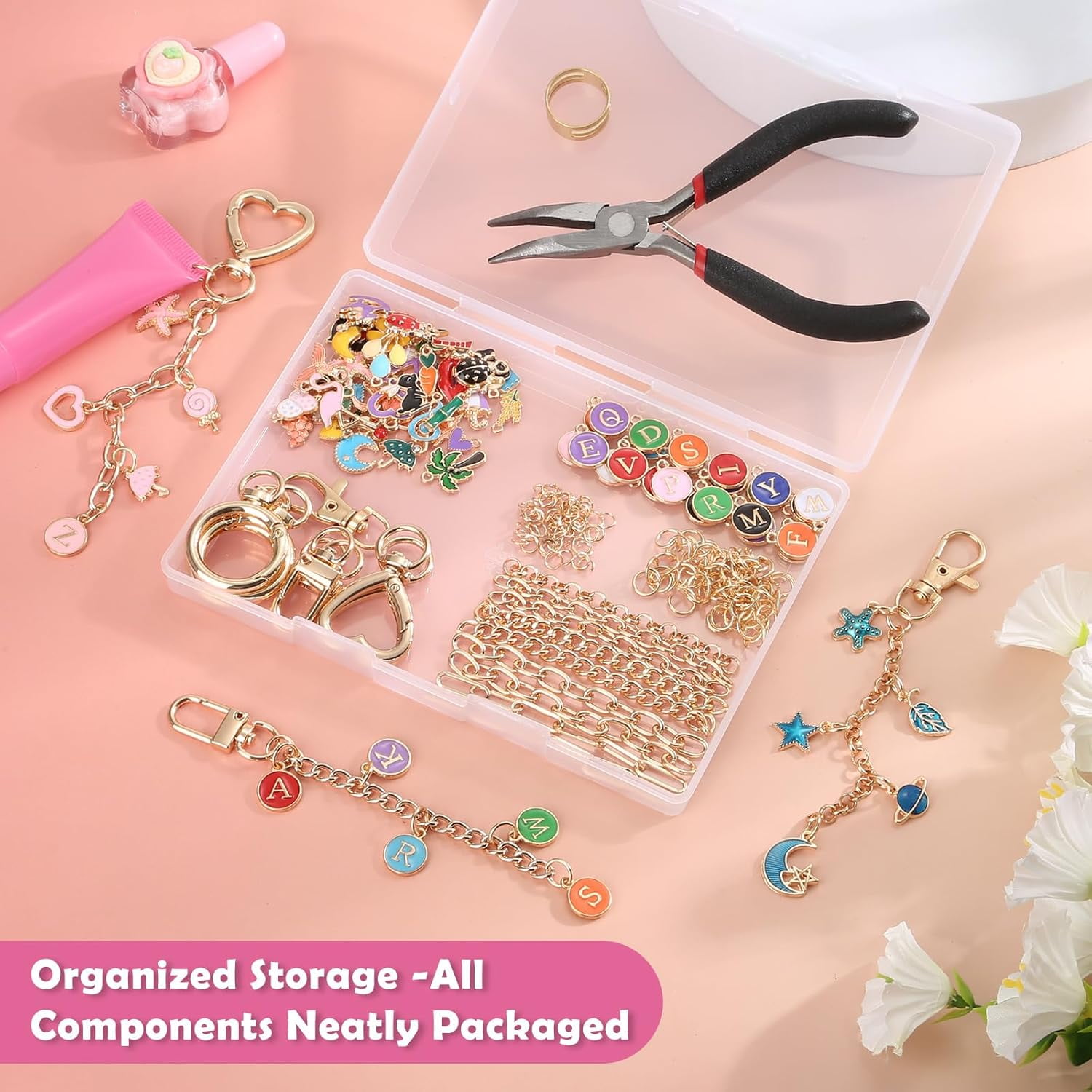 198Pcs Charms Lip Gloss Keychain Making Kit, DIY Craft Supplies with Charms, Key Chain Hooks, Jump Rings, Lobster Clasps, Chains & Tools, Jewelry Making Kit for Custom Keychains, Bags, Gifts
