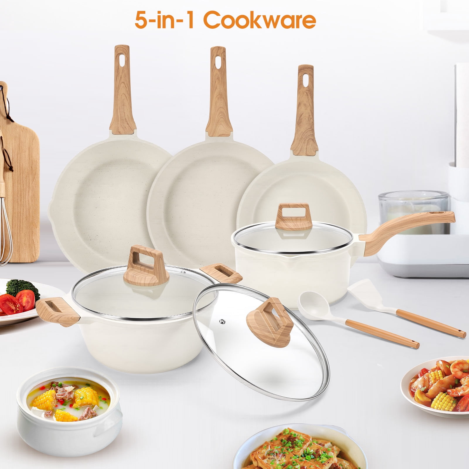 Ceramic Nonstick Pots and Pans Set, 14Pcs Healthy Non Stick Cookware Set with Pots Protectors, Induction Kitchen Cookware Sets White