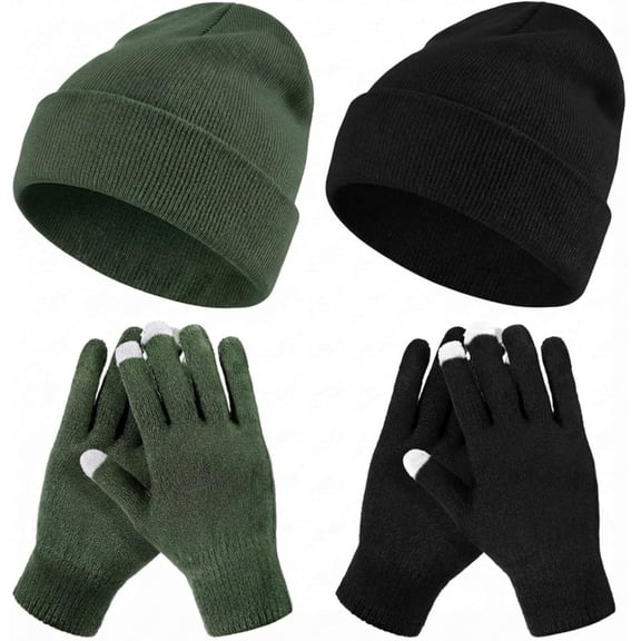 4 Pcs Winter Knit Beanie Hat and Touchscreen Gloves Set for Women Men Warm Acrylic Cap and Gloves Set