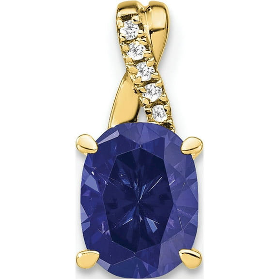 10K Yellow Gold Oval Created Sapphire And Diamond Pendant (Width 6.25) (Length 14.3) - Jbsp