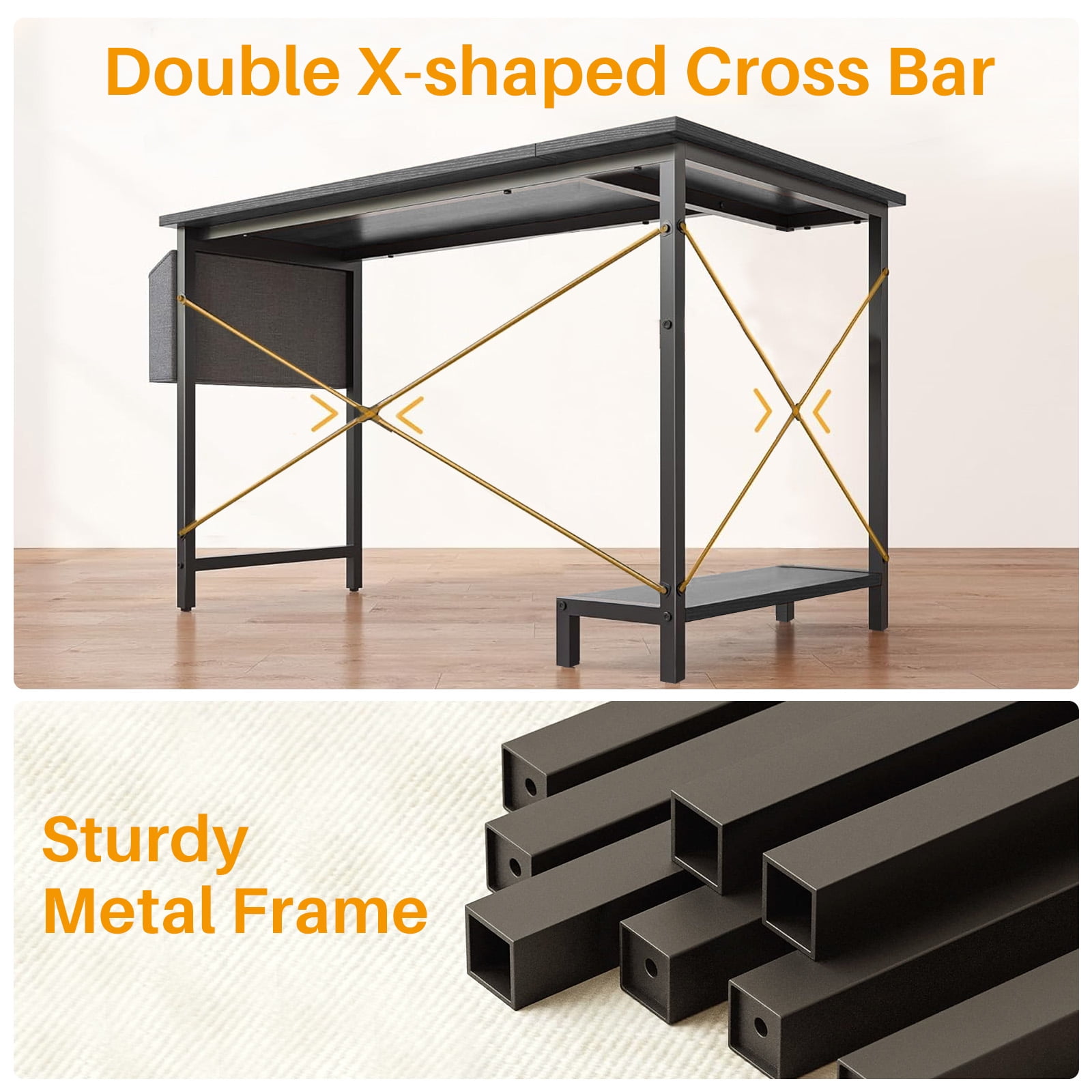 L Shaped Gaming Desk, 50 Inch Reversible Corner PC Work Table for Writing Study, Wood Tabletop and Metal Frame, CPU Stand Side Bag for Home Office Small Space, Gray