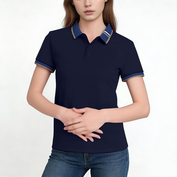 Tops Casuales de Negocios para Mujeres con Cuello de Solapa Y Mangas Cortas, Tela Transpirable Ligera para Oficina, Viajes Y Uso Diario, Top de Verano de Punto con Diseño de Tres Botones