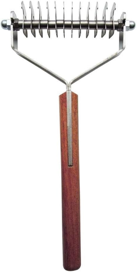 mirlewaiy Double Wide Dematting Undercoat Grooming Rake Stripper Tool for Dogs and Cats, Stainless Steel with Wooden Handle for Thick Coats, 18-Blade Stripper for Groomers, Pet Owners