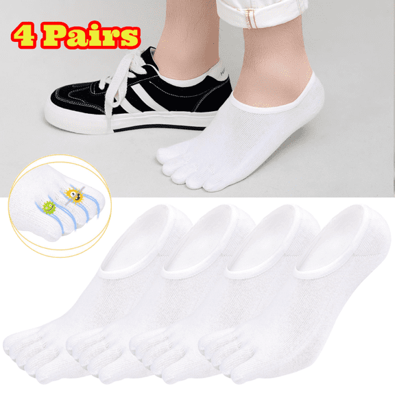 4 Pairs Men's No Show Toe Socks, 5 Finger Hidden Cotton Low Cut Socks for Running Walking Sports