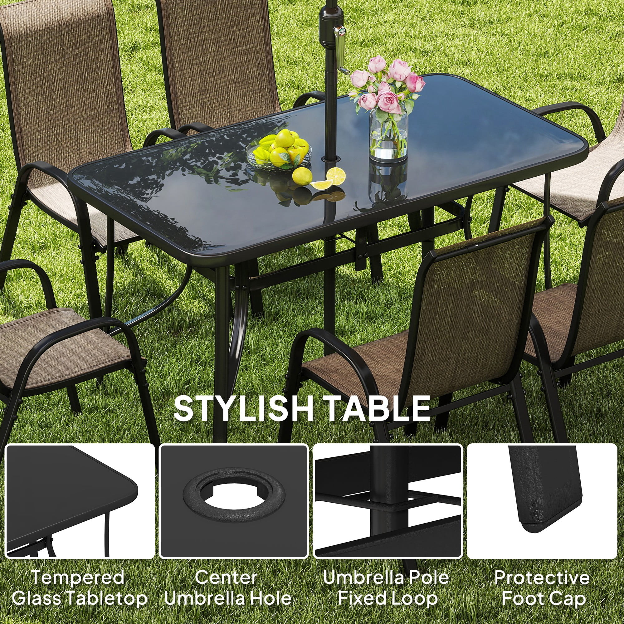 Outsunny 8 Piece Patio Furniture Set with Umbrella, Outdoor Dining Table and Chairs, 6 Chairs, Push Button Tilt and Crank Parasol, Glass Top, Brown
